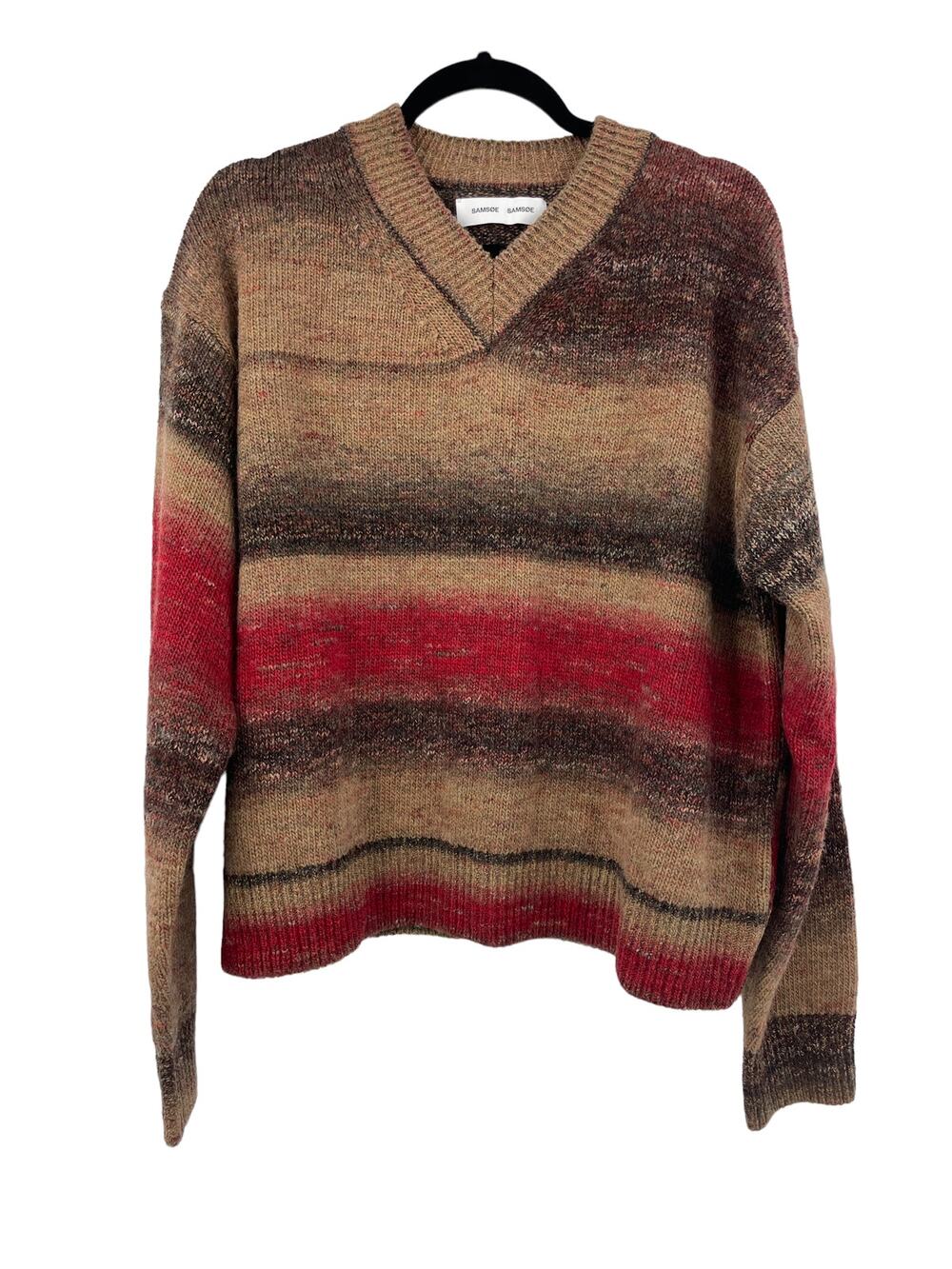 Samsøe Samsøe Sweater Womens XL Zoe Stripe V-Neck Fired Brick Brown Red NWT